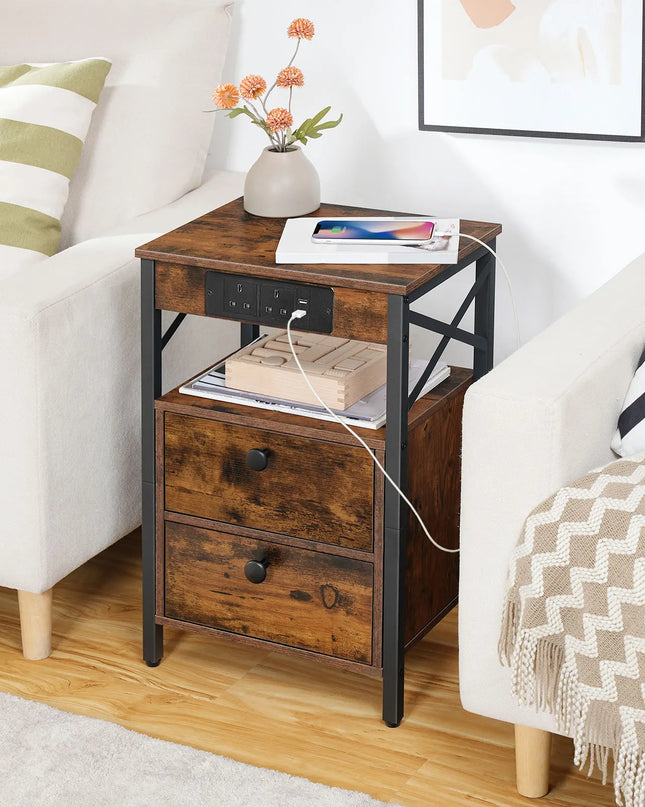 HOOBRO Rustic Brown Bedside Table with Charging Station & USB Ports