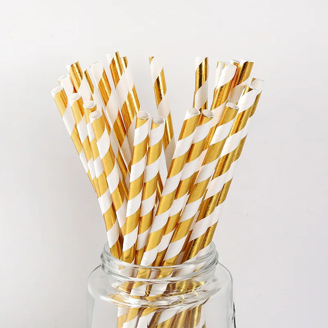 25/50pcs Gold/Silver Foil Disposable Paper Straws for Parties & Events