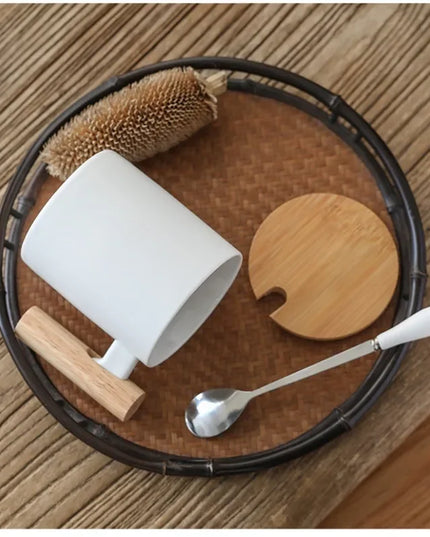 Wooden Handle Mugs with Lid and Spoon