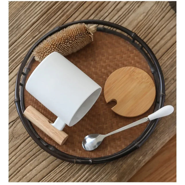Wooden Handle Mugs with Lid and Spoon