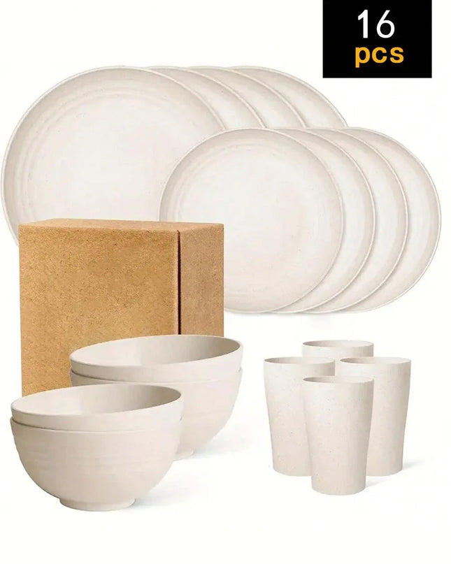 4/16/24pcs Reusable Tableware Set - Eco-Friendly Plates, Bowls, Cups