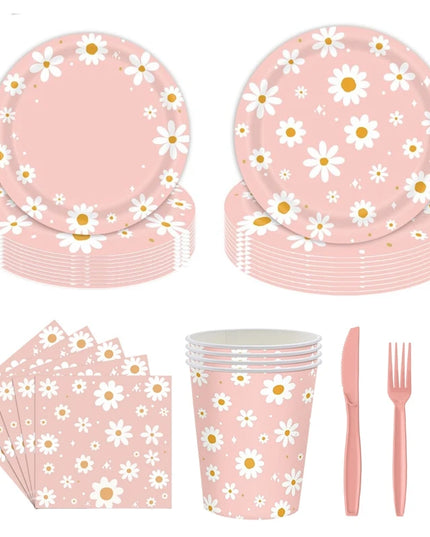 24Pcs Pink Daisy Disposable Party Plates & Cups - Perfect for Weddings & Events