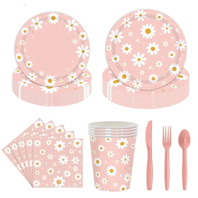 24Pcs Pink Daisy Disposable Party Plates & Cups - Perfect for Weddings & Events