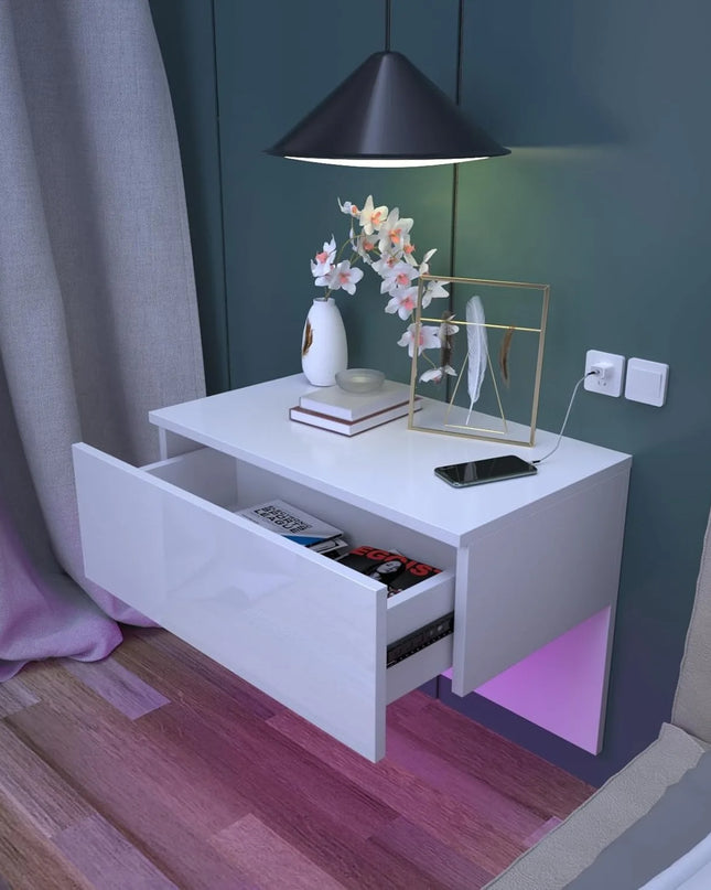 Modern Floating Bedside Table with RGB LED Lights - Cream White