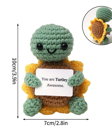 Funny Crochet Animal with Positive Card Ornament Handmade Knitted Ducks Fox Sheep Turtle Desk Figurine Creative Crochet Gift