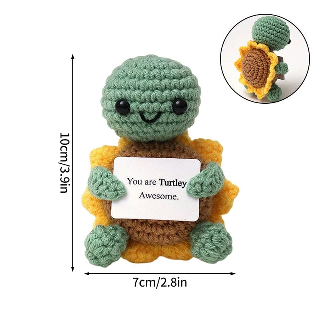 Funny Crochet Animal with Positive Card Ornament Handmade Knitted Ducks Fox Sheep Turtle Desk Figurine Creative Crochet Gift
