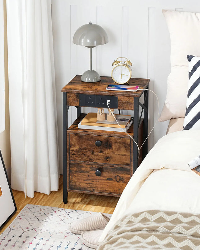 HOOBRO Rustic Brown Bedside Table with Charging Station & USB Ports