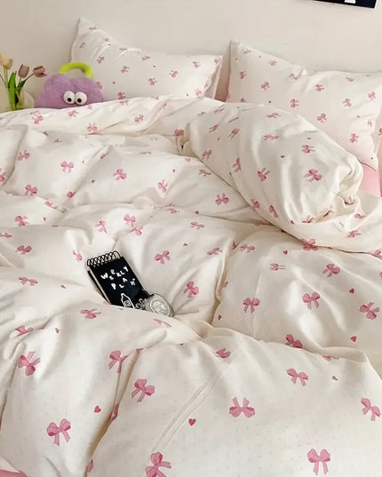 Anqianny 3pcs Pink Bow Duvet Cover Set with Pillowcases - Cozy & Breathable