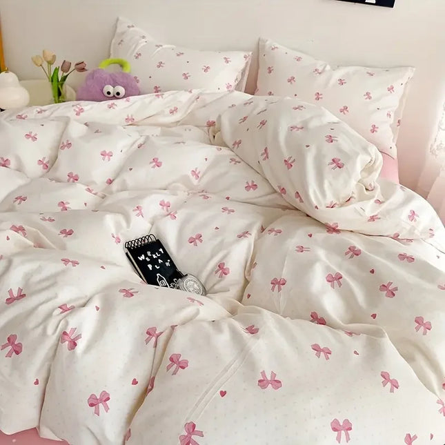 Anqianny 3pcs Pink Bow Duvet Cover Set with Pillowcases - Cozy & Breathable