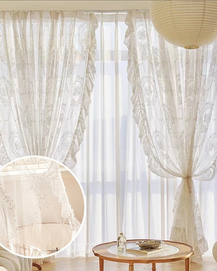 Retro Lace Gauze Curtain - Romantic Ruffle Edge Sheer for Living Room