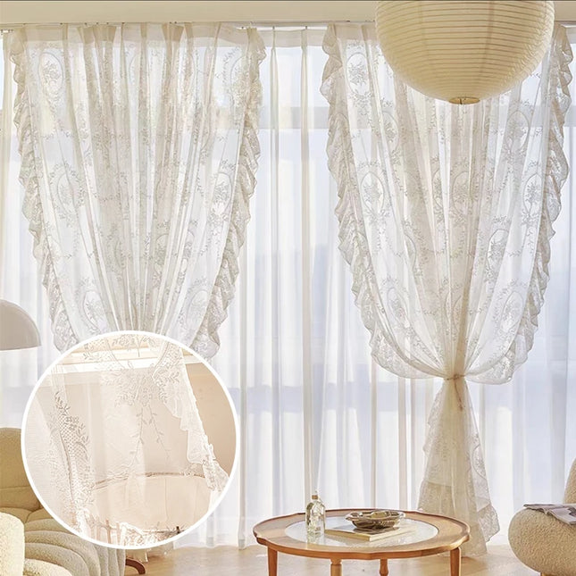Retro Lace Gauze Curtain - Romantic Ruffle Edge Sheer for Living Room