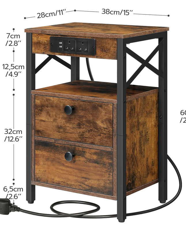 HOOBRO Rustic Brown Bedside Table with Charging Station & USB Ports