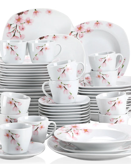 VEWEET ANNIE 60-Piece Porcelain Plate Set - Floral Dinnerware for 12