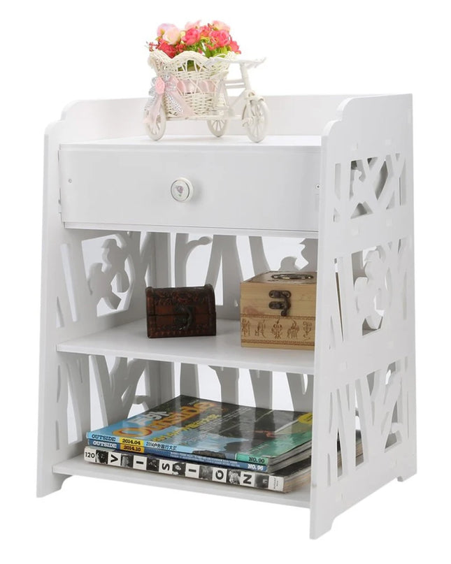Voltsify White Wooden Bedside Table - Modern Nightstand with Bird Pattern