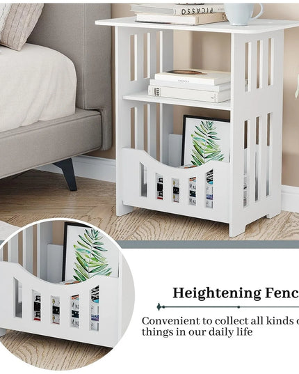 Modern White Bedside Table - Small Table with Storage Shelf