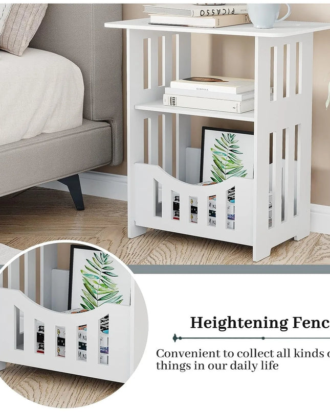Modern White Bedside Table - Small Table with Storage Shelf