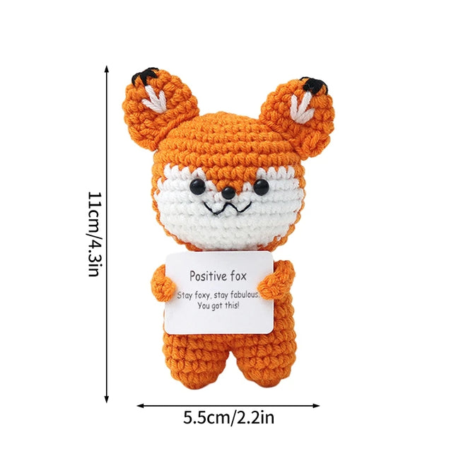 Funny Crochet Animal with Positive Card Ornament Handmade Knitted Ducks Fox Sheep Turtle Desk Figurine Creative Crochet Gift