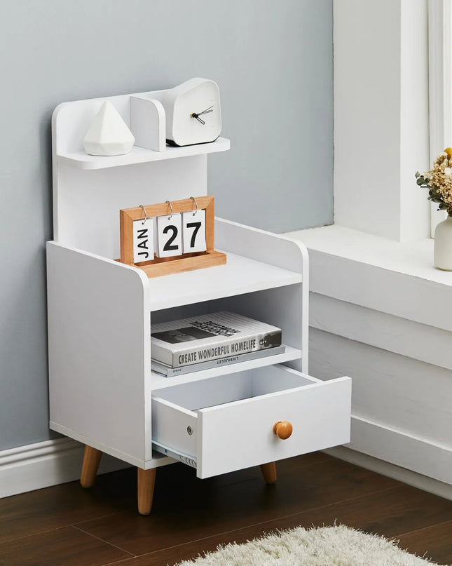 Haodirect Modern Bedside Table - Single Drawer with Wooden Legs