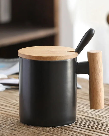 Wooden Handle Mugs with Lid and Spoon