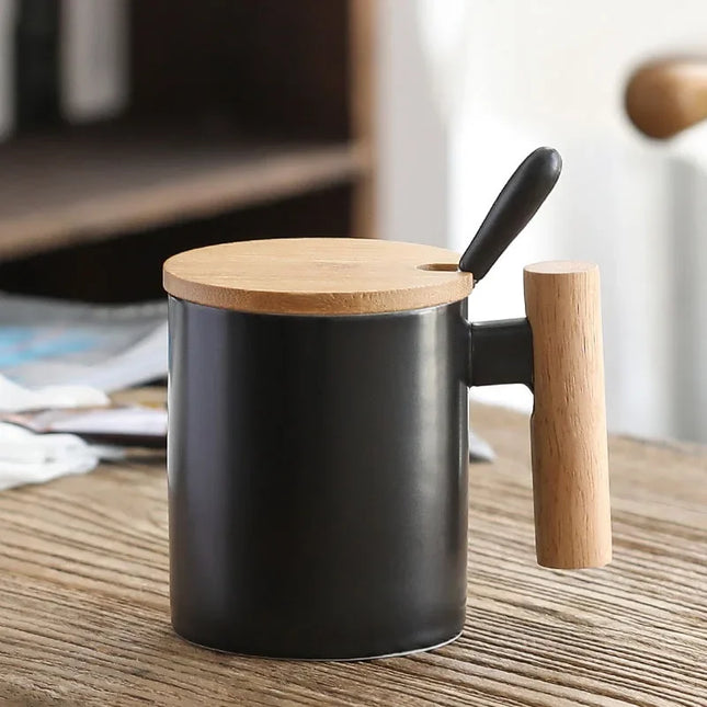 Wooden Handle Mugs with Lid and Spoon