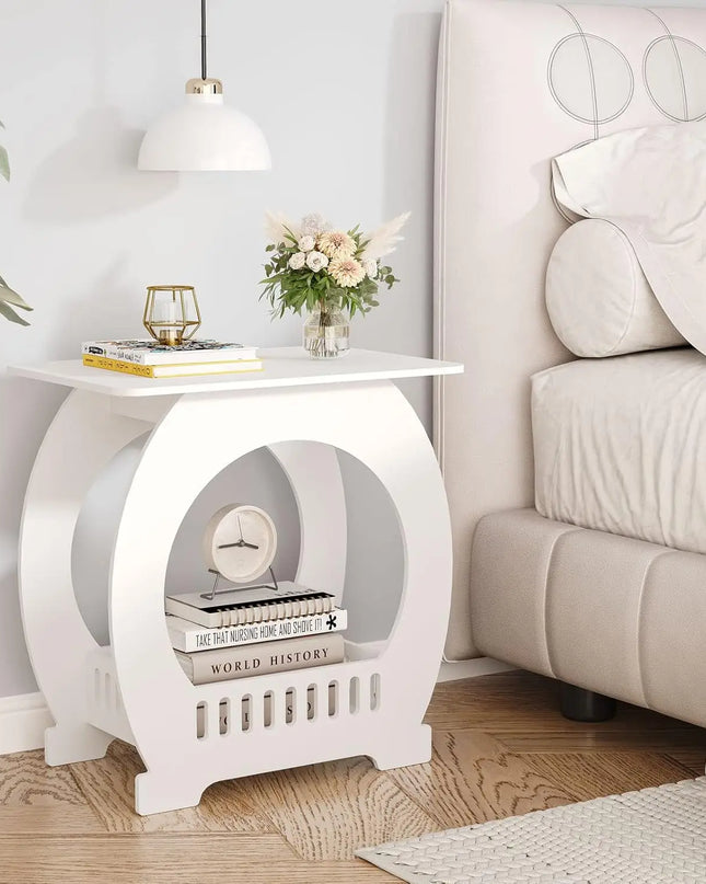 Modern White Bedside Table - Slim Nightstand with Storage Basket