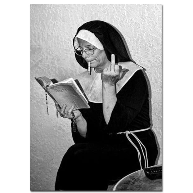 Vintage Smoking Nun Canvas Print - Funny Black and White Wall Art