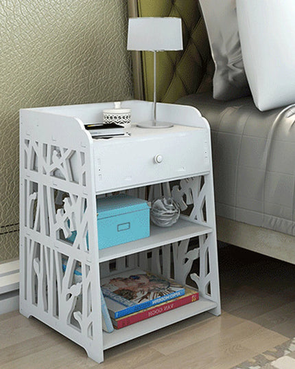 Voltsify White Wooden Bedside Table - Modern Nightstand with Bird Pattern