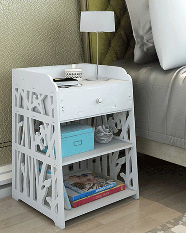 Voltsify White Wooden Bedside Table - Modern Nightstand with Bird Pattern