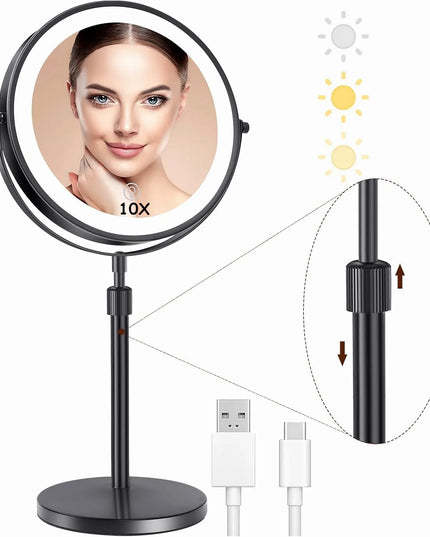 Beauty Star 8" Makeup Mirror with Light - 10X Magnification, Adjustable Height