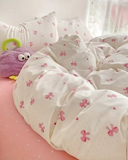 Anqianny 3pcs Pink Bow Duvet Cover Set with Pillowcases - Cozy & Breathable