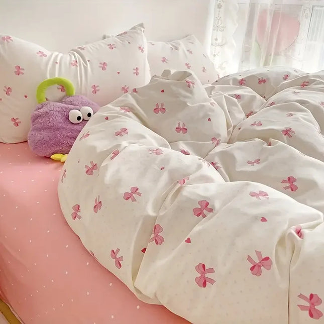 Anqianny 3pcs Pink Bow Duvet Cover Set with Pillowcases - Cozy & Breathable