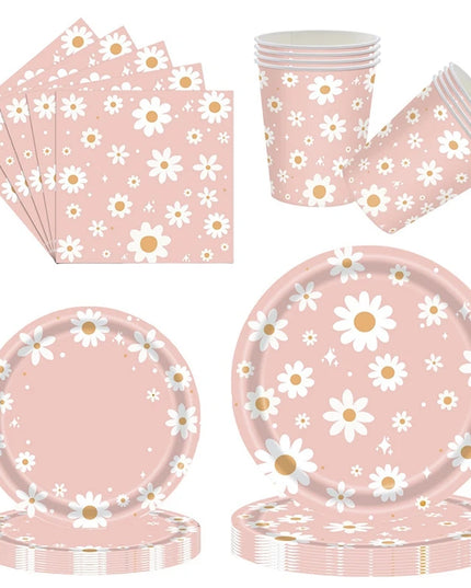 24Pcs Pink Daisy Disposable Party Plates & Cups - Perfect for Weddings & Events