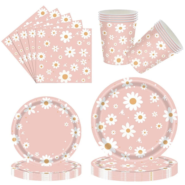 24Pcs Pink Daisy Disposable Party Plates & Cups - Perfect for Weddings & Events