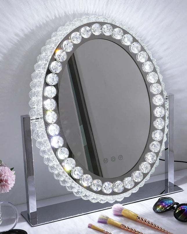 Modishion Oval LED Makeup Mirror - Adjustable Touch Controls & Crystal Frame