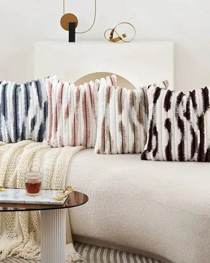 Anqianny Double-Sided Faux Fur Cushion Cover - Fuzzy Striped Decorative Pillow