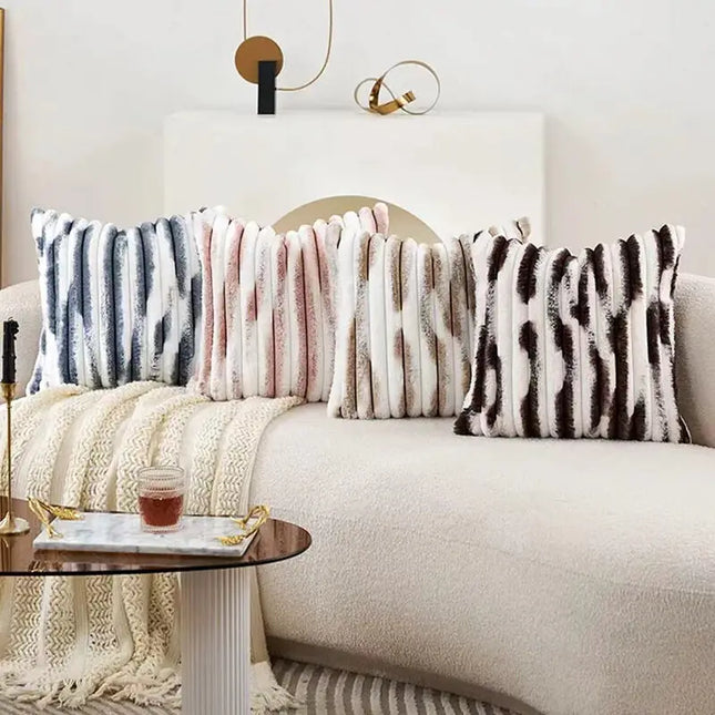Anqianny Double-Sided Faux Fur Cushion Cover - Fuzzy Striped Decorative Pillow