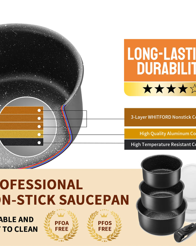 Fadware Non-Stick Saucepan Set - Removable Handle, 3 Sealing Lids