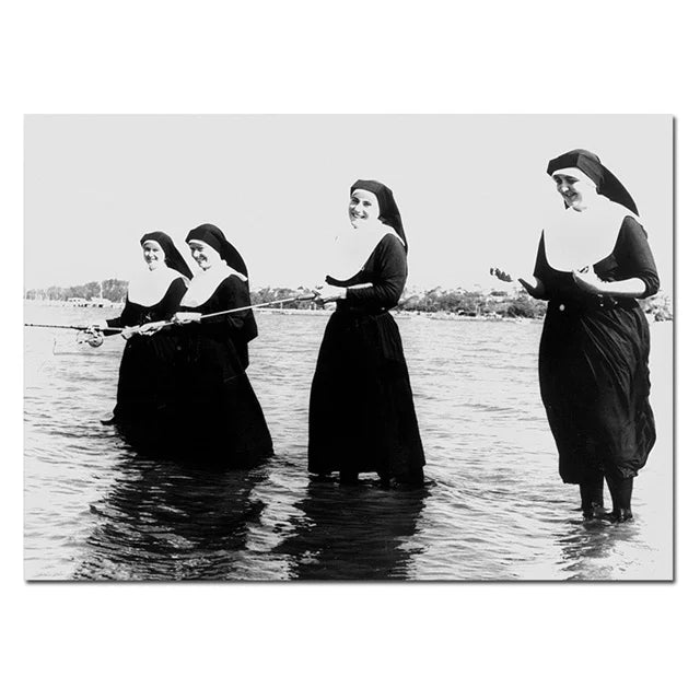 Vintage Smoking Nun Canvas Print - Funny Black and White Wall Art
