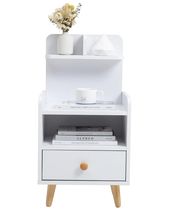 Modern White Wooden Nightstand - Shelf & Drawer for Bedroom