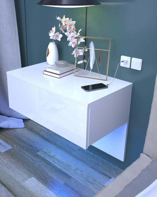Modern Floating Bedside Table with RGB LED Lights - Cream White