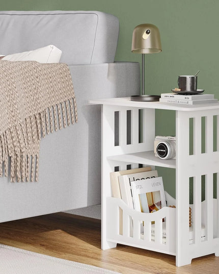Modern White Bedside Table - Small Table with Storage Shelf