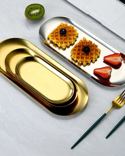 Oval Stainless Steel Gold Dining Plate - Perfect for Cakes & Snacks