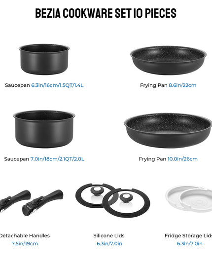 Induction Cookware Set - 10 Nonstick Pots and Pans with Removable Handles