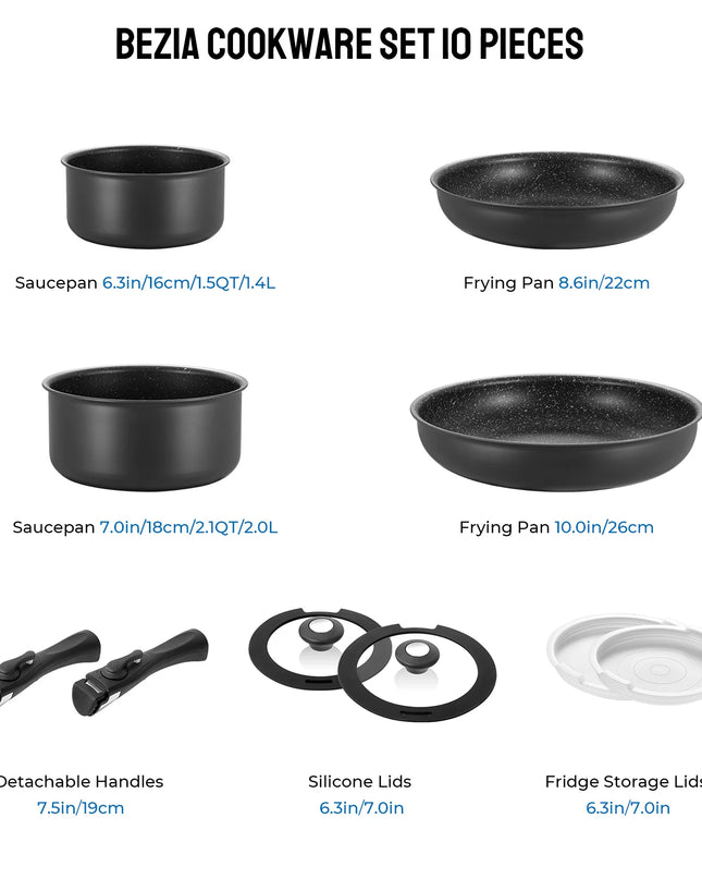 Induction Cookware Set - 10 Nonstick Pots and Pans with Removable Handles