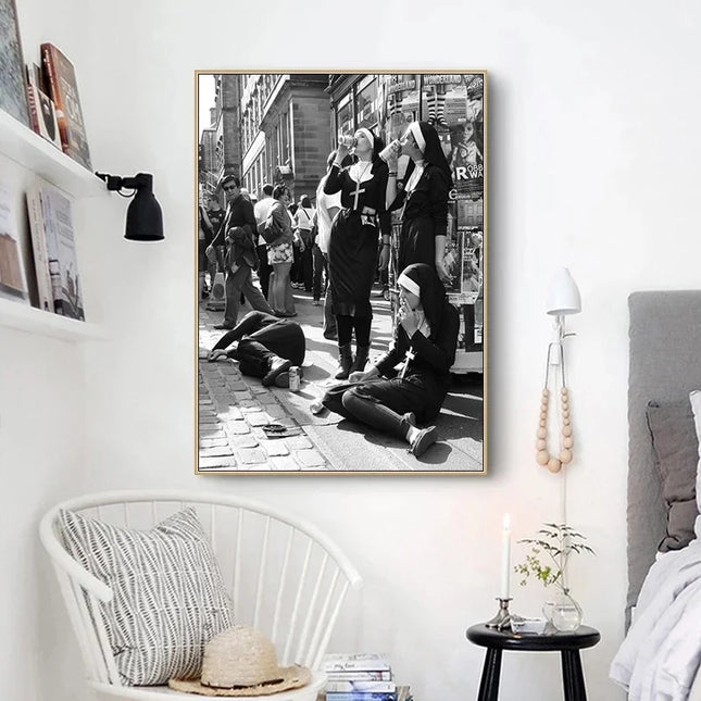 Vintage Smoking Nun Canvas Print - Funny Black and White Wall Art