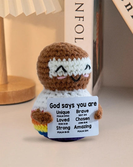 Funny Crochet Animal with Positive Card Ornament Handmade Knitted Ducks Fox Sheep Turtle Desk Figurine Creative Crochet Gift