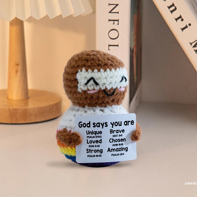 Funny Crochet Animal with Positive Card Ornament Handmade Knitted Ducks Fox Sheep Turtle Desk Figurine Creative Crochet Gift