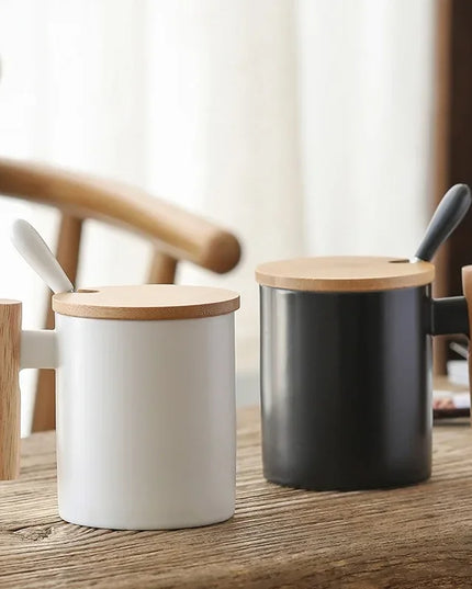 Wooden Handle Mugs with Lid and Spoon
