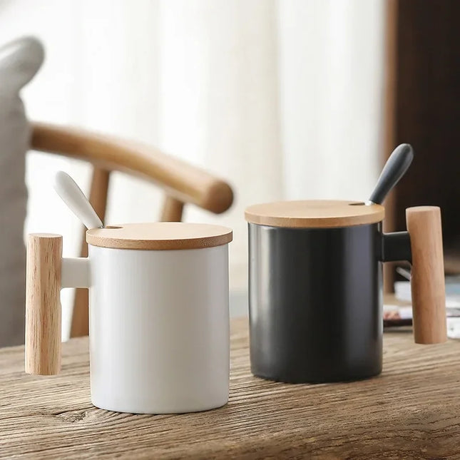 Wooden Handle Mugs with Lid and Spoon