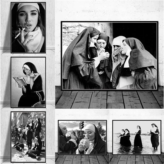 Vintage Smoking Nun Canvas Print - Funny Black and White Wall Art